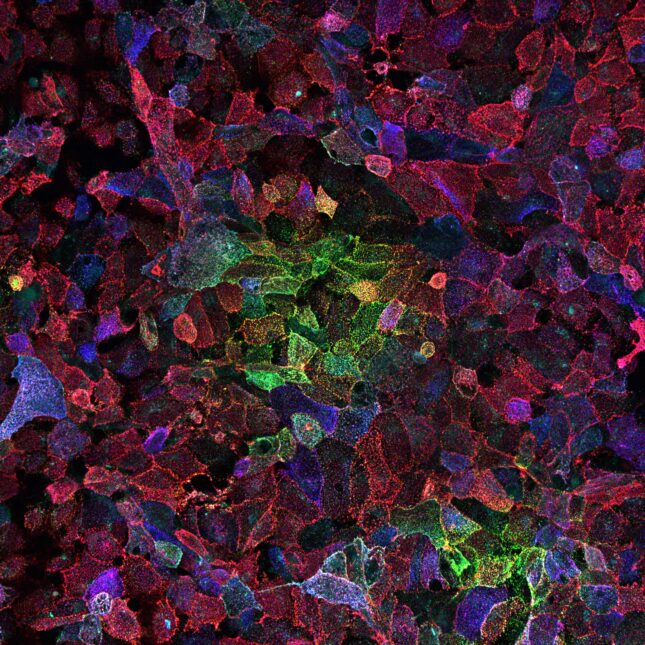 Nucleocapsid of the novel coronavirus in green and the virus's spike protein in blue shown across animal tissues represented in red — in the lab coverage from STAT