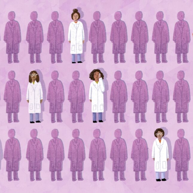 Illustration of six doctors standing amongst a crowd of silhouetted, "invisible" doctors. -- reproductive coverage from STAT