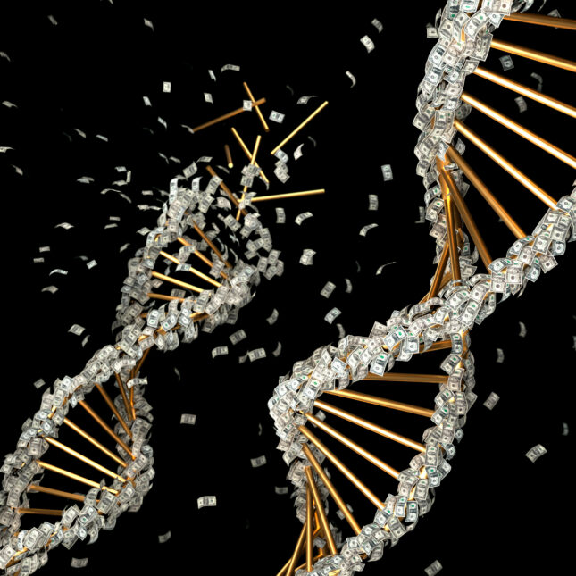 Illustration of two DNA strands made of banknotes. -- health coverage from STAT