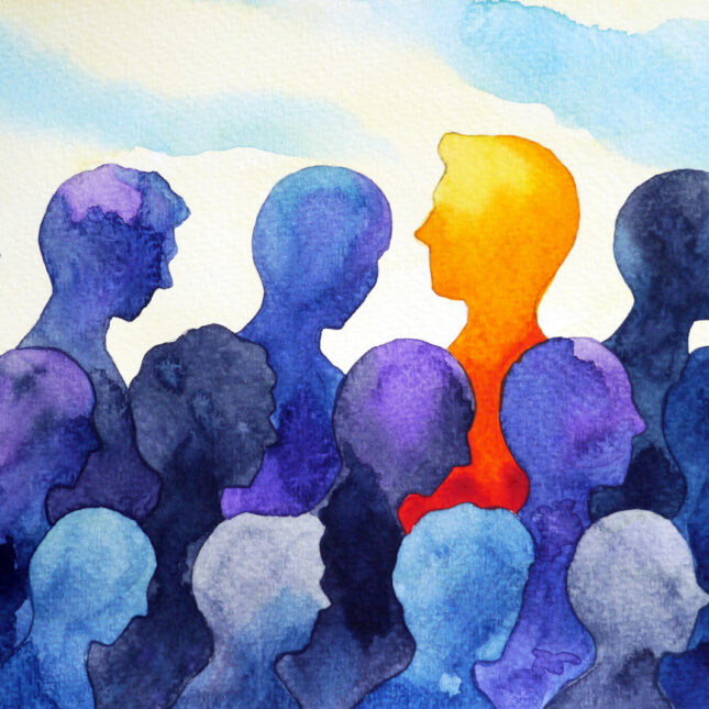 Among three rows of people painted in blue watercolor, all facing the right side, one person in the top row, third from the left, is depicted in orange and looking to the left — first opinion coverage from STAT