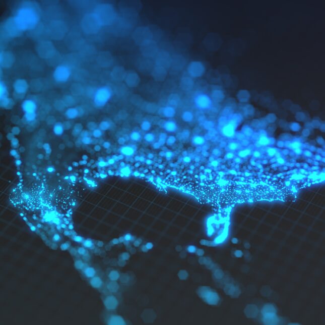 Glowing blue lights make up the shape of a US map, with the South region in focus — first opinion coverage from STAT