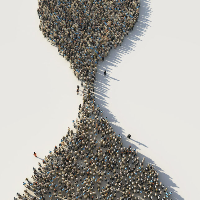 illustration of a crowd of people in the shape of an hourglass -- first opinion coverage at STAT