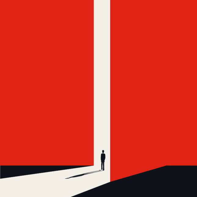 Illustration of a silhouetted person walking in between two large red columns. -- health tech coverage from STAT