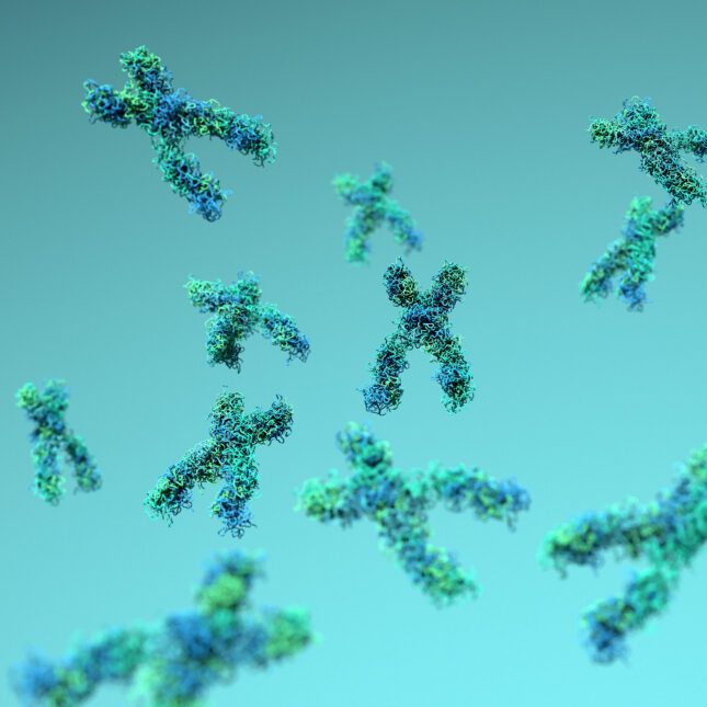 Chromosomes in blue and teal shades float in the air — in the lab coverage from STAT