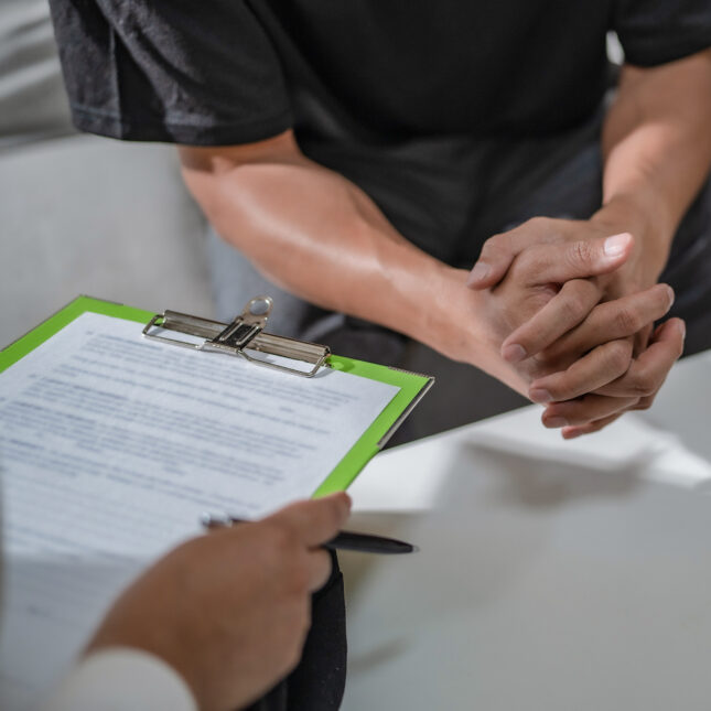 A psychologist holds a green clipboard, sitting across from a client who has their fingers locked. A cup of water sits on the table