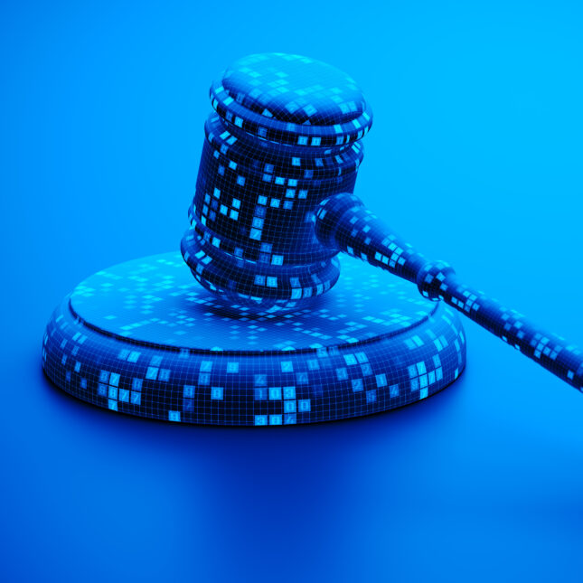 A 3D gavel depicted in pixel blocks in a blue environment — health tech coverage from STAT