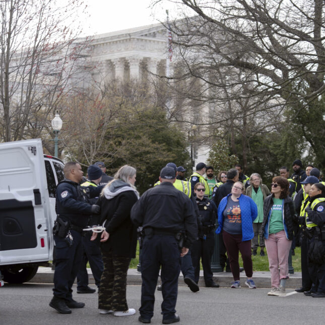 Abortion-rights activists are arrested by U.S. Capitol police as their protest outside of the Supreme Court during a rally Tuesday, March 26, 2024, in Washington