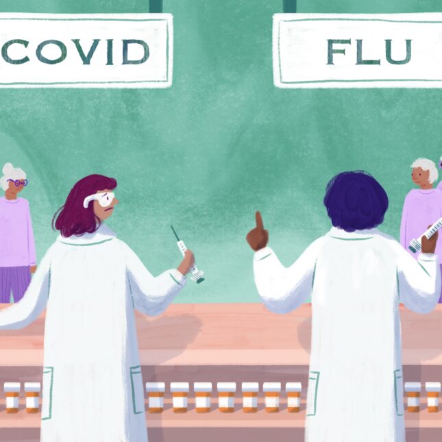 People standing in two different lines -- one being a covid vaccine line and other a flu vaccine line. The flu vaccine line being much longer.