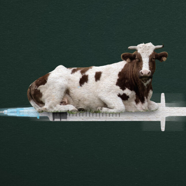 Photo illustration of a cow sitting on a vaccine syringe to illustrate a story about h5n1 bird flu vaccination efforts — health coverage from STAT