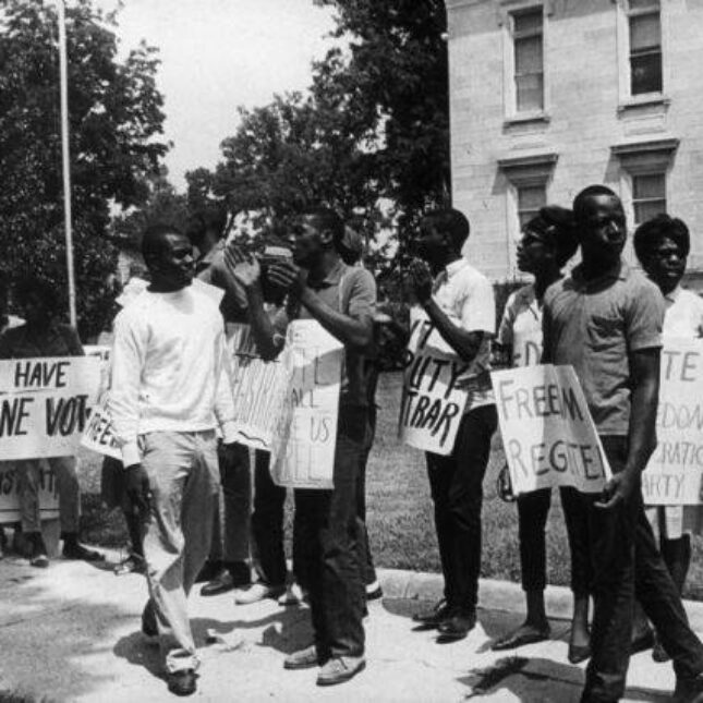 During the Freedom Summer campaign, protestors hold signs that read "I HAVE ONE VOTE" and "Freedom Democratic Party" on a sidewalk — first opinion coverage from STAT