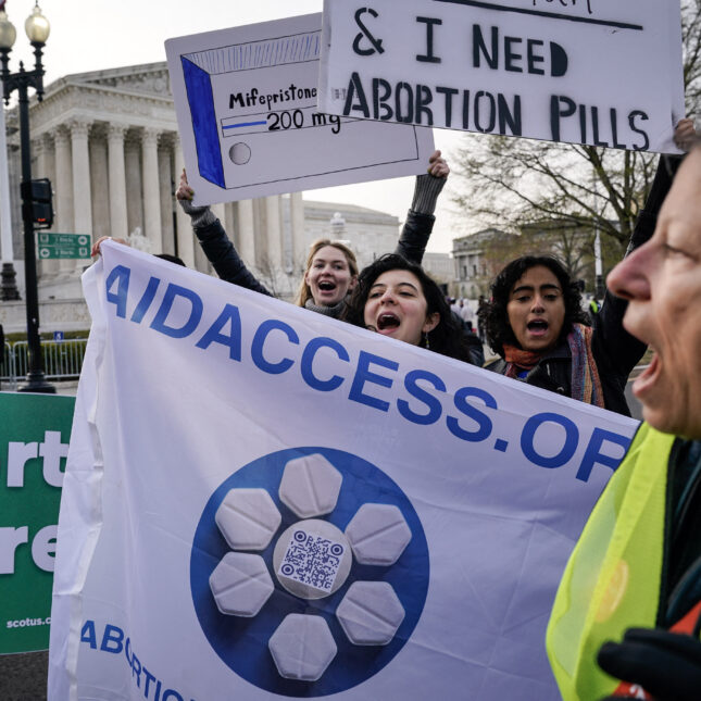 Abortion rights activist rally in front of the US Supreme Court on March 26, 2024, in Washington, DC. The Court reenters the contentious legal battle over abortion on March 26 as it weighs restrictions on the drug that is most widely used in the US to terminate pregnancies.