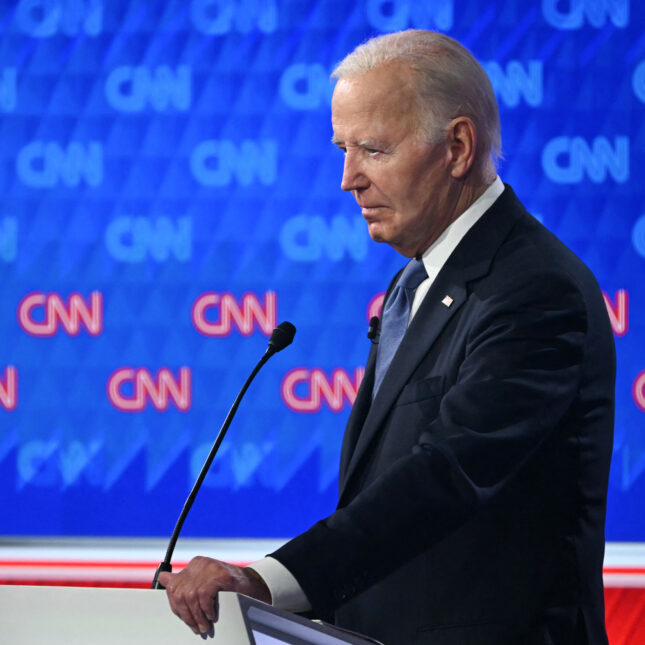 A photo of President Joe Biden speaks as he participates in the first presidential debate of the 2024 elections with former US President and Republican presidential candidate Donald Trump at CNN's studios in Atlanta, Georgia, on June 27, 2024