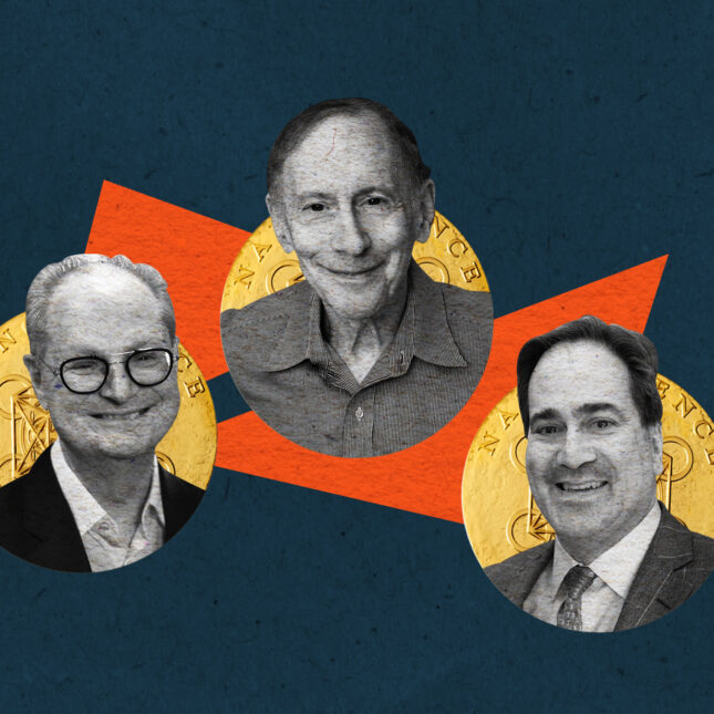 From left to right, black and white cutouts of Paul Alivisatos, Robert S. Langer and Chad Mirkin layered on three logos of the Kavli Prize in Nanoscience, on top of two orange triangles against dark blue background — coverage from STAT