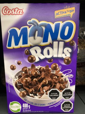 A box of "Mono Rolls" cereal on a grocery shelf in Chile