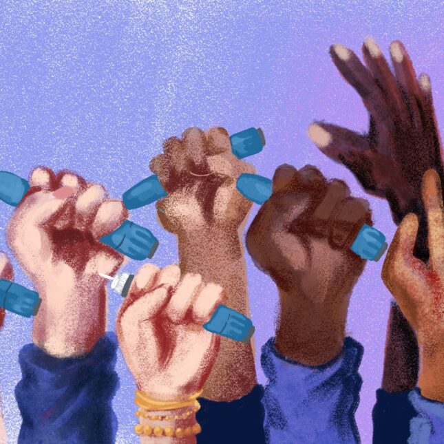 Illustration of hands reaching up, while others hold ozempic pens against a purple background.